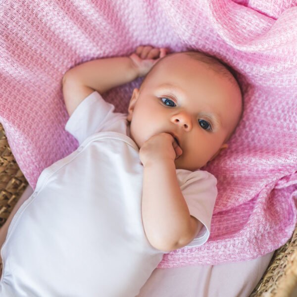 Bamboo Πλεκτή Κουβέρτα Ροζ στρωμένη σε καλαθούνα μωρού