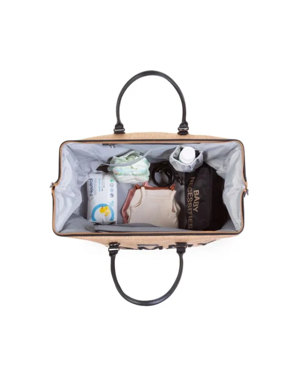 Raffia Τσάντα Αλλαγής Mommy Bag Large με διάφορα αντικείμενα στο εσωτερικό της